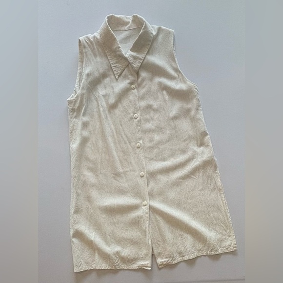 VINTAGE Y2K 90s Sleeveless Button Up Linen Blend White Blouse Small - Picture 3 of 8